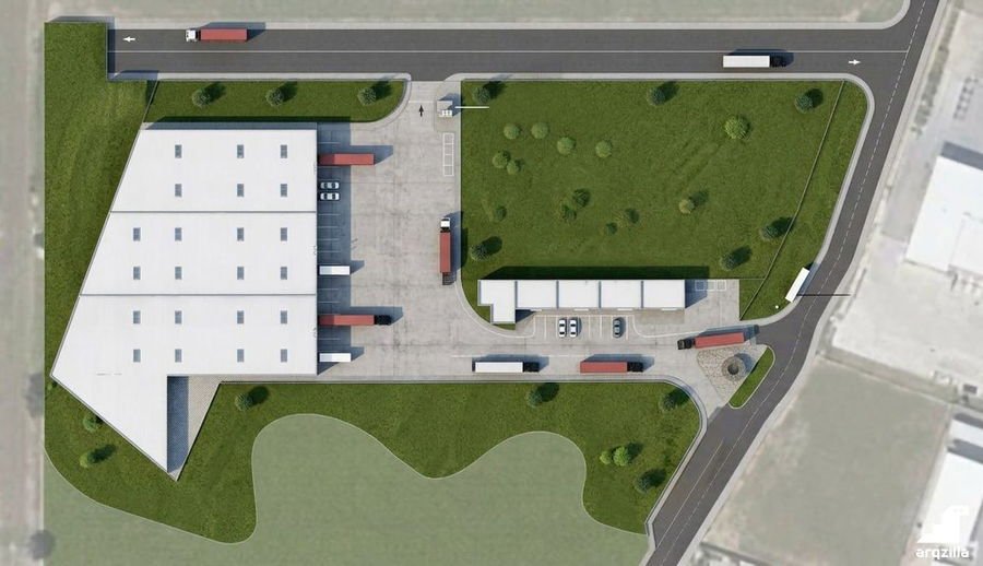 Anteproyecto de galeras para el terreno de Cáceres: tres naves con patio de maniobras y accesos desde la vía principal y la secundaria